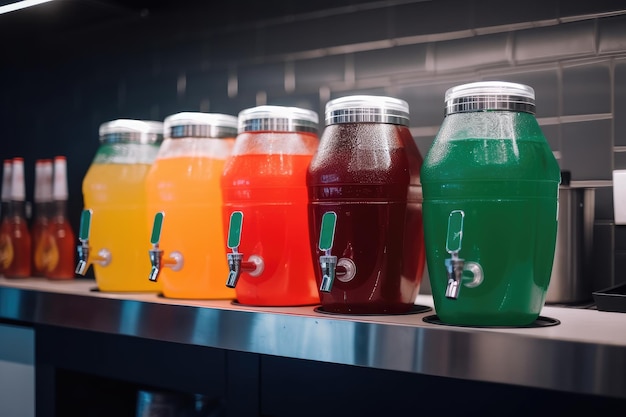 Soft drink dispenser on the counter with different flavor options created with generative ai