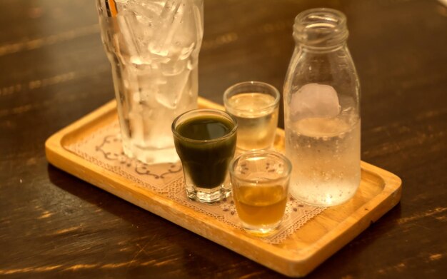 Soft drink set on a wooden table