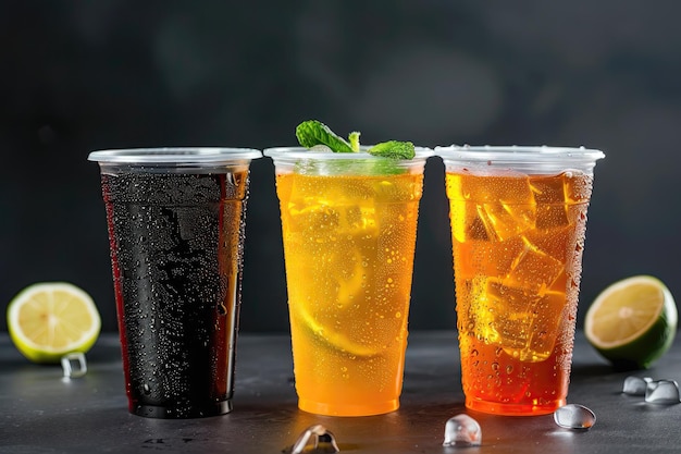 Soft drinks in plastic cups