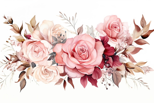 Soft and elegant floral border of roses in ivory and pink watercolor for clipart on white background