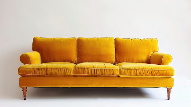 Фото Мягкий пустой желтый диван стоит на белом изолированном фоне удобный тканевый диван стоит один на фоне белой стены копировать пространство