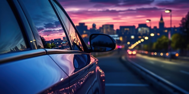 Soft evening light captures moving vehicles from a cars view