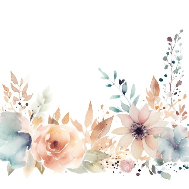 Soft Floral Border Watercolor Illustration on White Background
