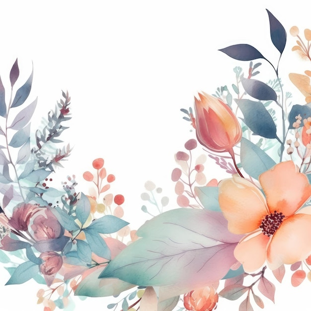 白い背景の柔らかい花柄ボーダー水彩イラスト