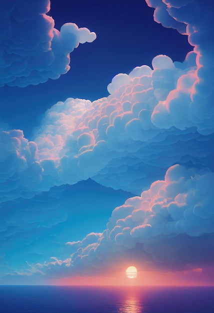 海空のイラストの上の柔らかいふわふわの雲 美しい空と雲