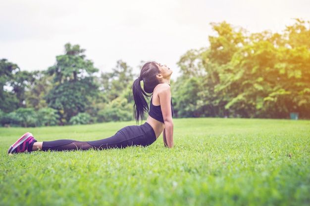 Soft focus Attractive Beautiful woman Young female in sportswear workout  during the morni