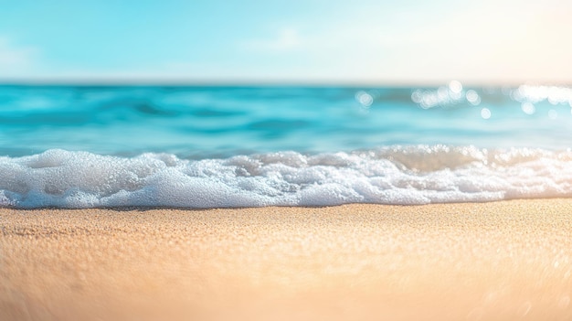 金色の砂と青い波のビーチの背景で夏と旅行のテーマに優れた柔らかいフォーカス