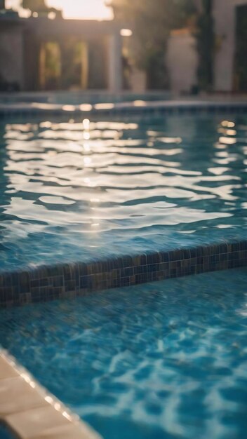 Soft focus bokeh light effects over a rippled blue water background in the pool