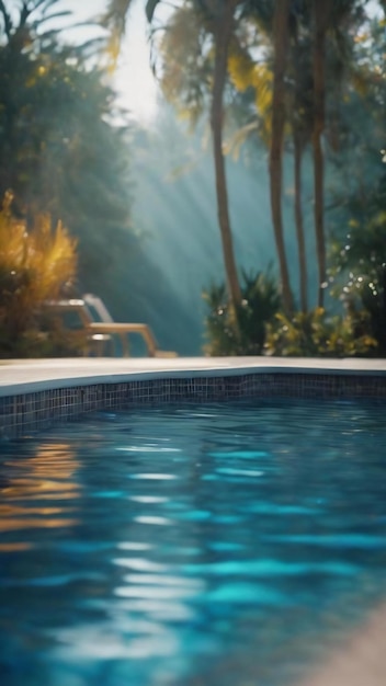 Soft focus bokeh light effects over a rippled blue water background in the pool