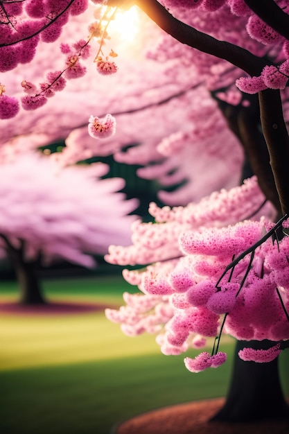 Photo soft focus branches of cherry blossoms blooming garden background