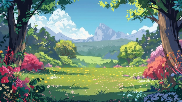 soft focus on a calming view of a peaceful field with rustic barns and vibrant blooms slowly fading into distance