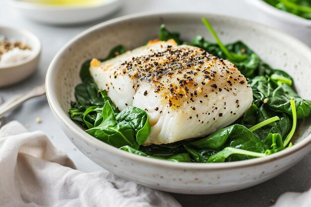 Soft focus of a cod fish dish with a relish of spinach in a white bowl