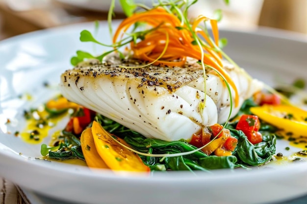 Soft focus of a cod fish dish with a relish of spinach in a white bowl