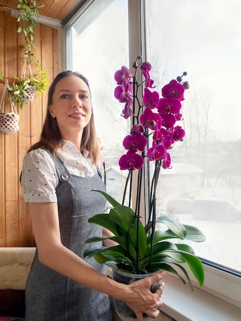 Soft focus happy woman gardener with a big blooming orchid in a\
pot pot of flowering orchid plant phalaenopsis in hands breeding of\
orchids in spring home floriculture