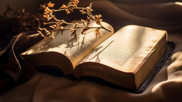 Soft focus The holy bible on wood table with copy spacechristian background