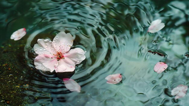 Photo soft focus image of a single flower floating in a pond with concentric ripples in the water and a few petals scattered around