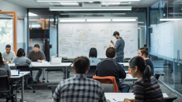 Photo soft focus on an open meeting area within the software development lab where team members