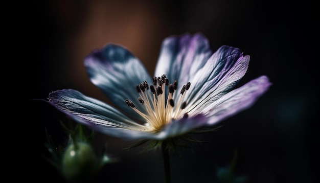 AI によって生成された自然の草原の美しさの中の 1 つの紫色の野生の花にソフト フォーカス