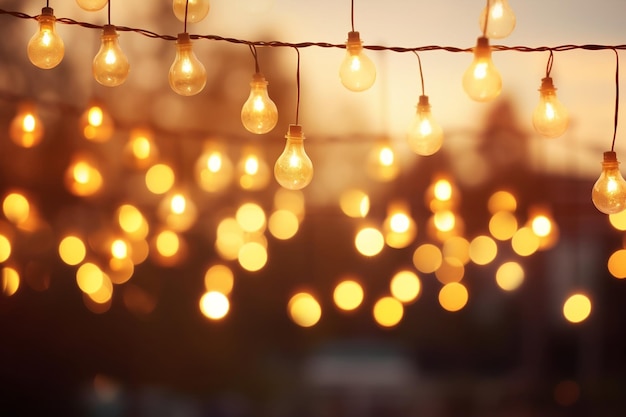 Photo soft focus sunset glow enhanced by yellow string light decor and bokeh ai