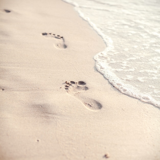 Soft focus and tone of footprints on the tropical beach .