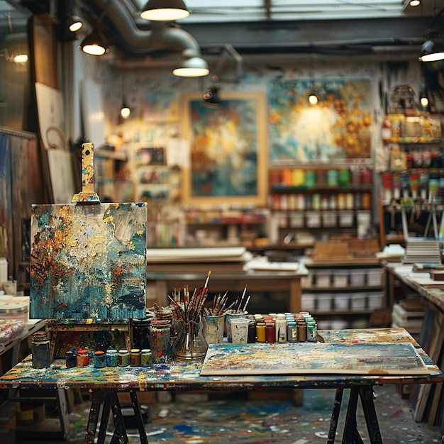 Photo soft focus on a vibrant art studio brimming with creativity and color