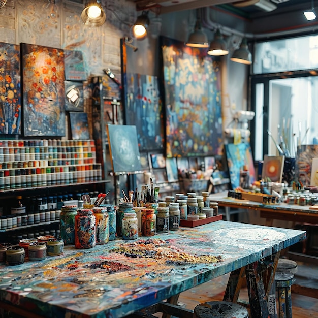 Photo soft focus on a vibrant art studio brimming with creativity and color