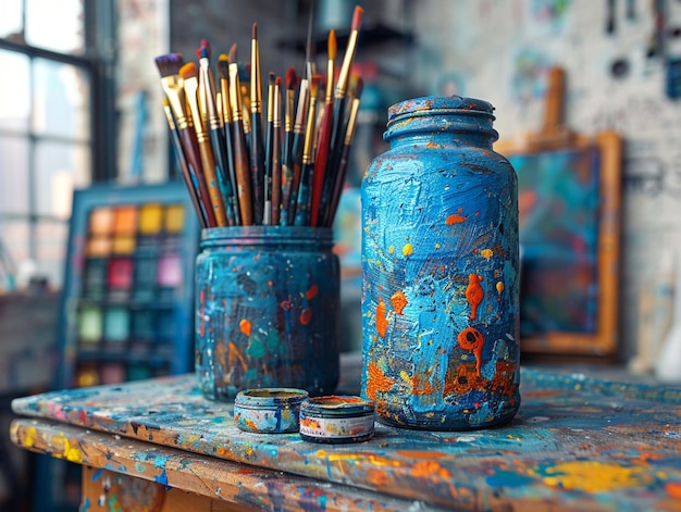 Foto focus morbido su uno studio d'arte vibrante pieno di creatività e colore