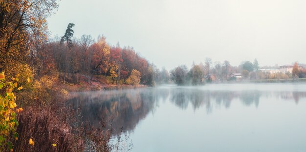 ソフトフォーカス。村は霧の中にあります。ロシア、ガッチナ市近くの湖の表面上の朝もやのパノラマビュー。