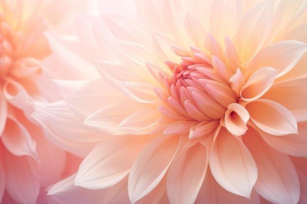 Soft focused macro floral background featuring pastel peach coral dahlia petals Close up of dahlia f