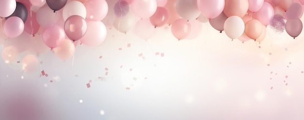 Soft gentle Birthday background composition with balloons and confetti birthday card or invitation d