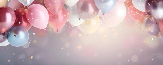 Soft gentle Birthday background composition with balloons and confetti birthday card or invitation d