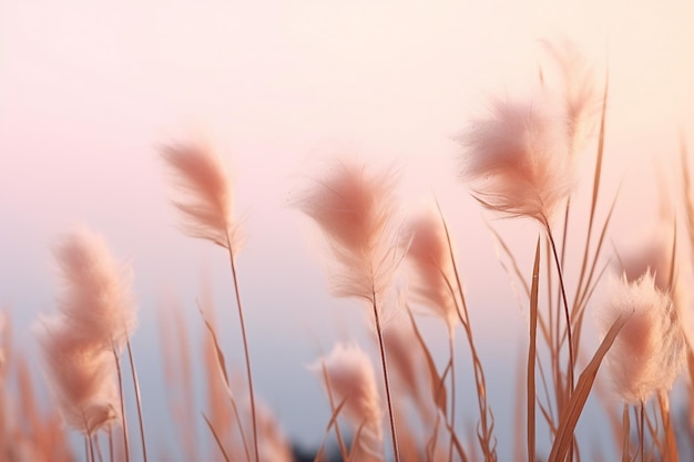 柔らかく風を吹く草の花は早朝の霧空の背景の美しい自然の中に