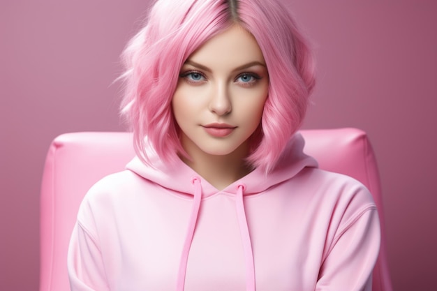 Мягкая девушка Эстетика молодая женщина, украшенная пастельной розовой одеждой, ее волосы окрашены в мягкий розовый оттенок