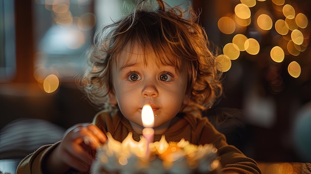 Foto nel leggero bagliore delle candele un bambino di un anno brilla di eccitazione mentre si preparano