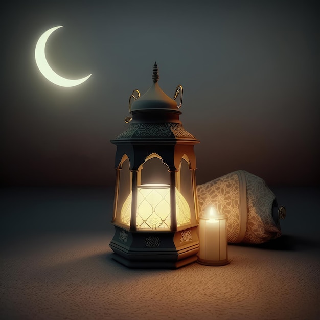 Soft Glow of Eid Serene Background with Crescent Moon and Light Lanterns