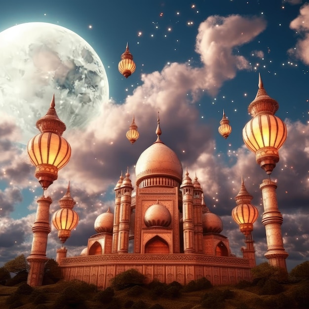 Soft Glow of Eid Serene Background with Crescent Moon and Light Lanterns
