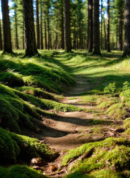 the soft green moss covering the forest floor in dappled sunlight