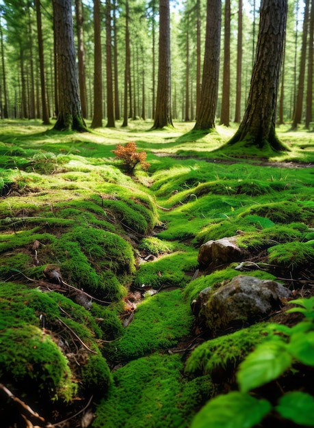 the soft green moss covering the forest floor in dappled sunlight