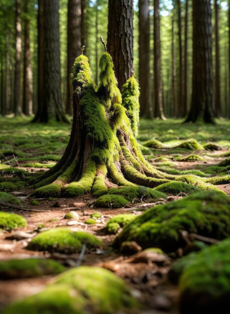 숲 바닥을  ⁇ 고 있는 부드러운 초록색 모스