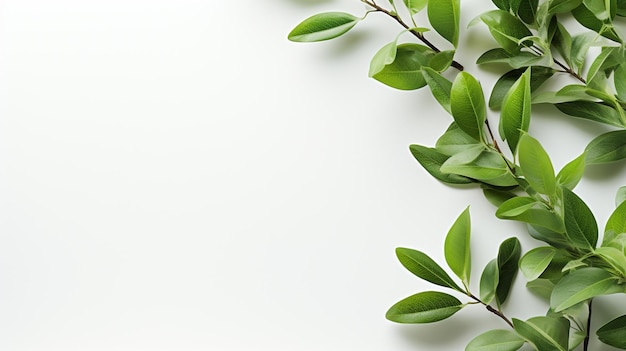 soft green tree branches on white background with copy space