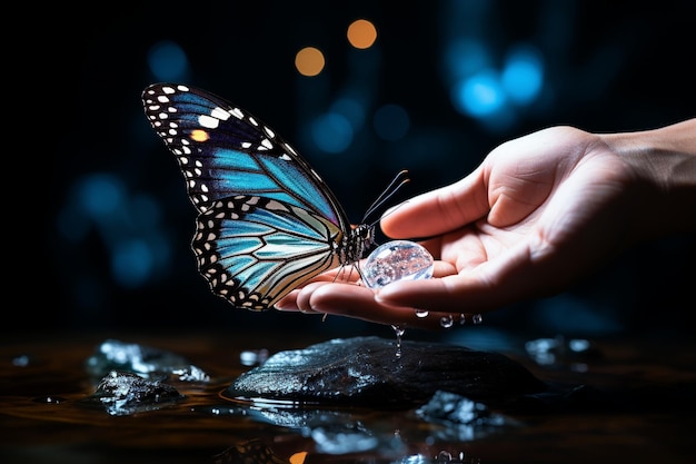 Photo soft hands cradle a delicate butterfly showcasing the fragility trust and beauty of the present mome