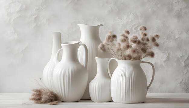 Soft home decor white jug vase n a white vintage wall background In