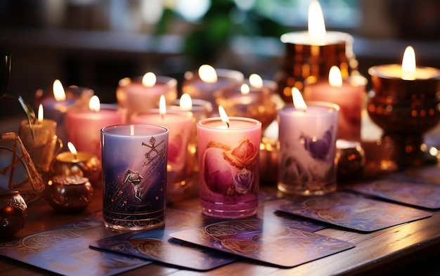 Мягкие свечи и карты Таро на столе Генеративный ИИ