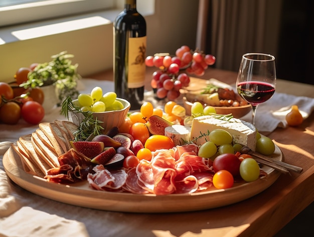 Foto tonalità morbide tavola di charcuterie e bicchiere di vino