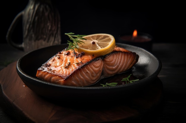 Soft hues of the grilled salmon steak on a plate generative AI