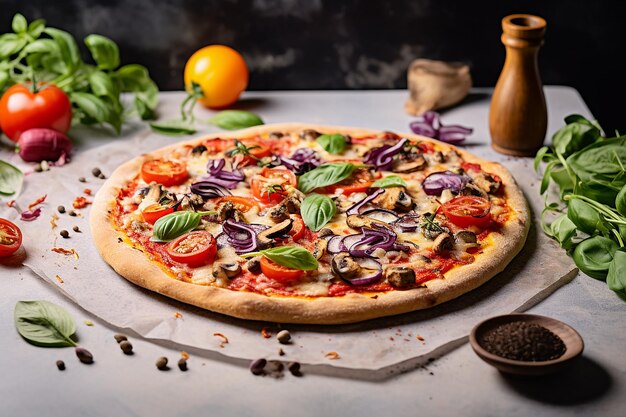 Soft Hues of Vegan Pizza on a Marble Tabletop