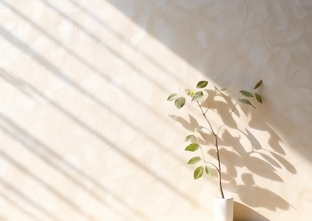 부드러운 잎 그림자 크림 색 콘크리트 텍스처 벽에 빛과 함께 야외 인테리어 디자인