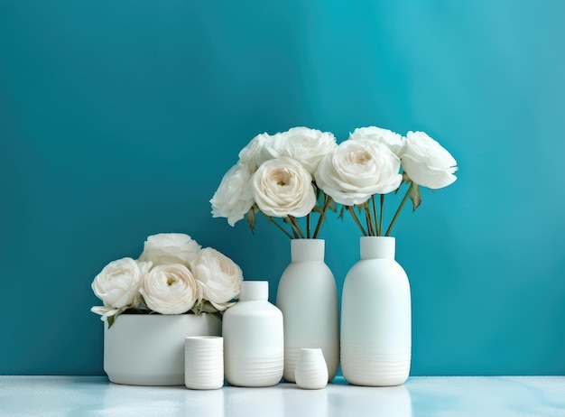 ジェネレーティブ AI テクノロジーで作成されたパステル ミントの背景にミント カラーのタオル ソープ ディスペンサーの柔らかい光のバスルームの装飾白いバラの花のアクセサリー