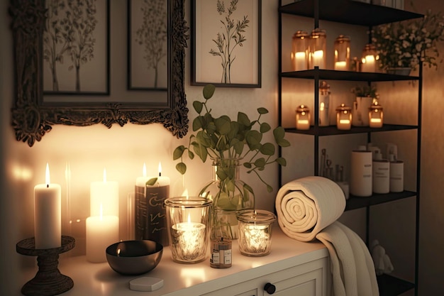 Soft light in bathroom with candles and stylish decorations created with generative ai