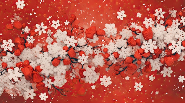 Soft lights and snowflakes on christmas red background generative ai